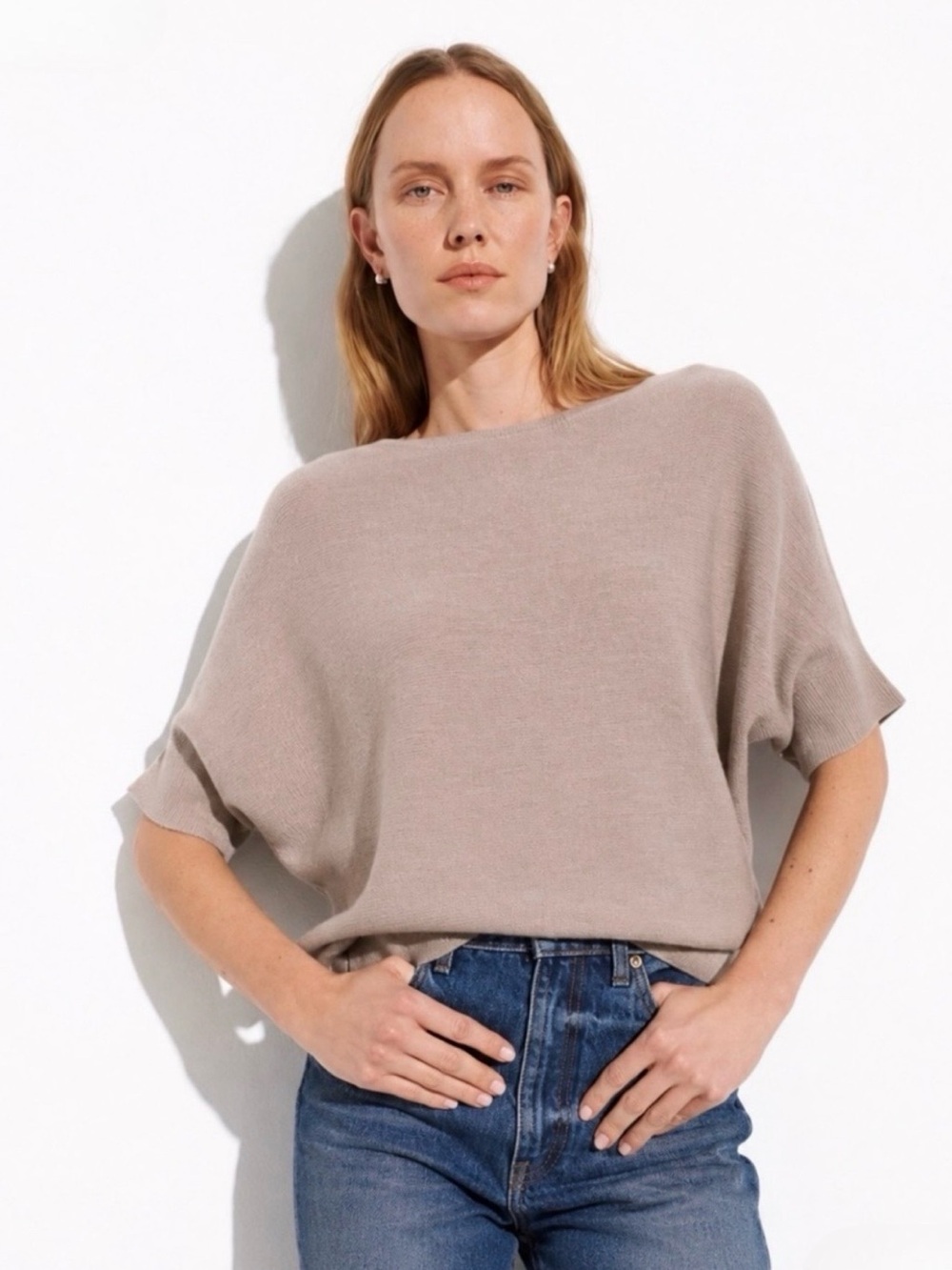 R Label 100% Wool Batwing Dolman Sweater Taupe S/M - Picture 2 of 10